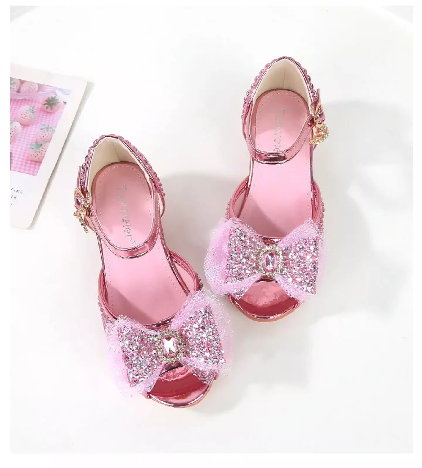 Young Girls & Girls Pink Frosted Bow Peep Toe Block Heel Shoes | Lucys 11557
