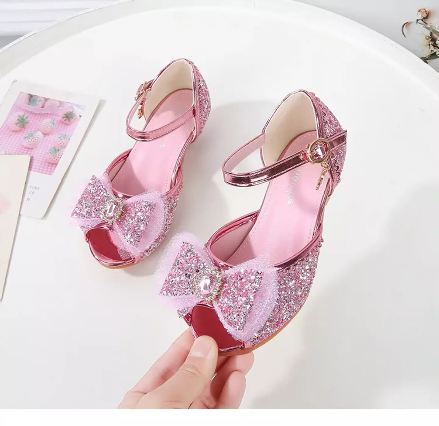 Young Girls & Girls Pink Frosted Bow Peep Toe Block Heel Shoes | Lucys 11557