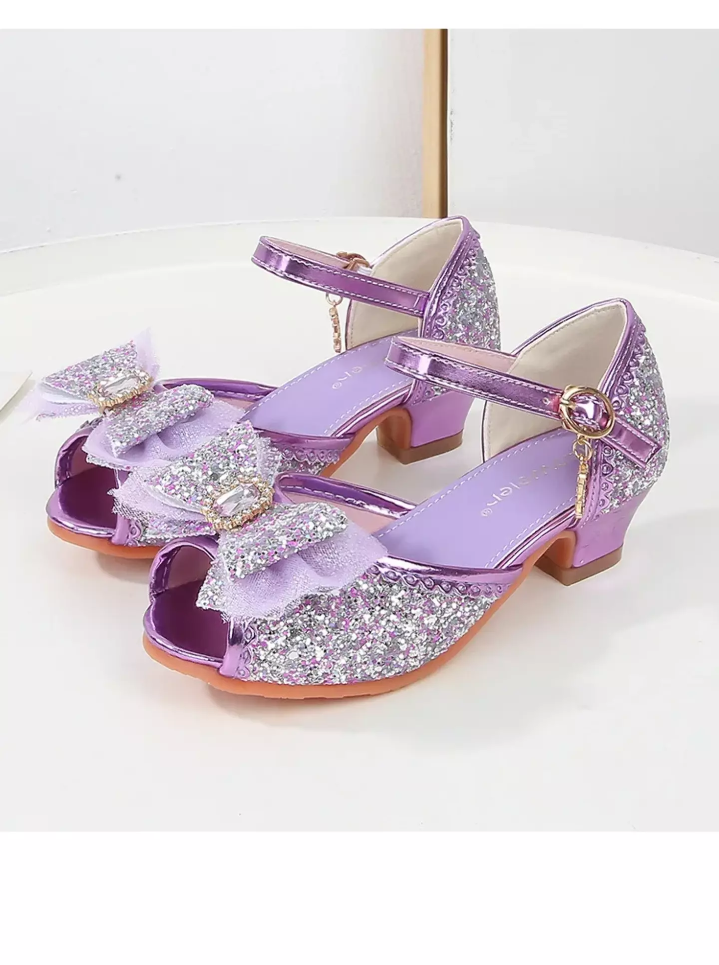 Young Girls & Girls Lavender Frosted Bow Peep Toe Block Heel Shoes | Lucys 11558