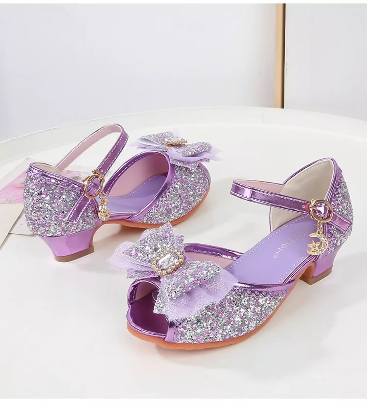 Young Girls & Girls Lavender Frosted Bow Peep Toe Block Heel Shoes | Lucys 11558