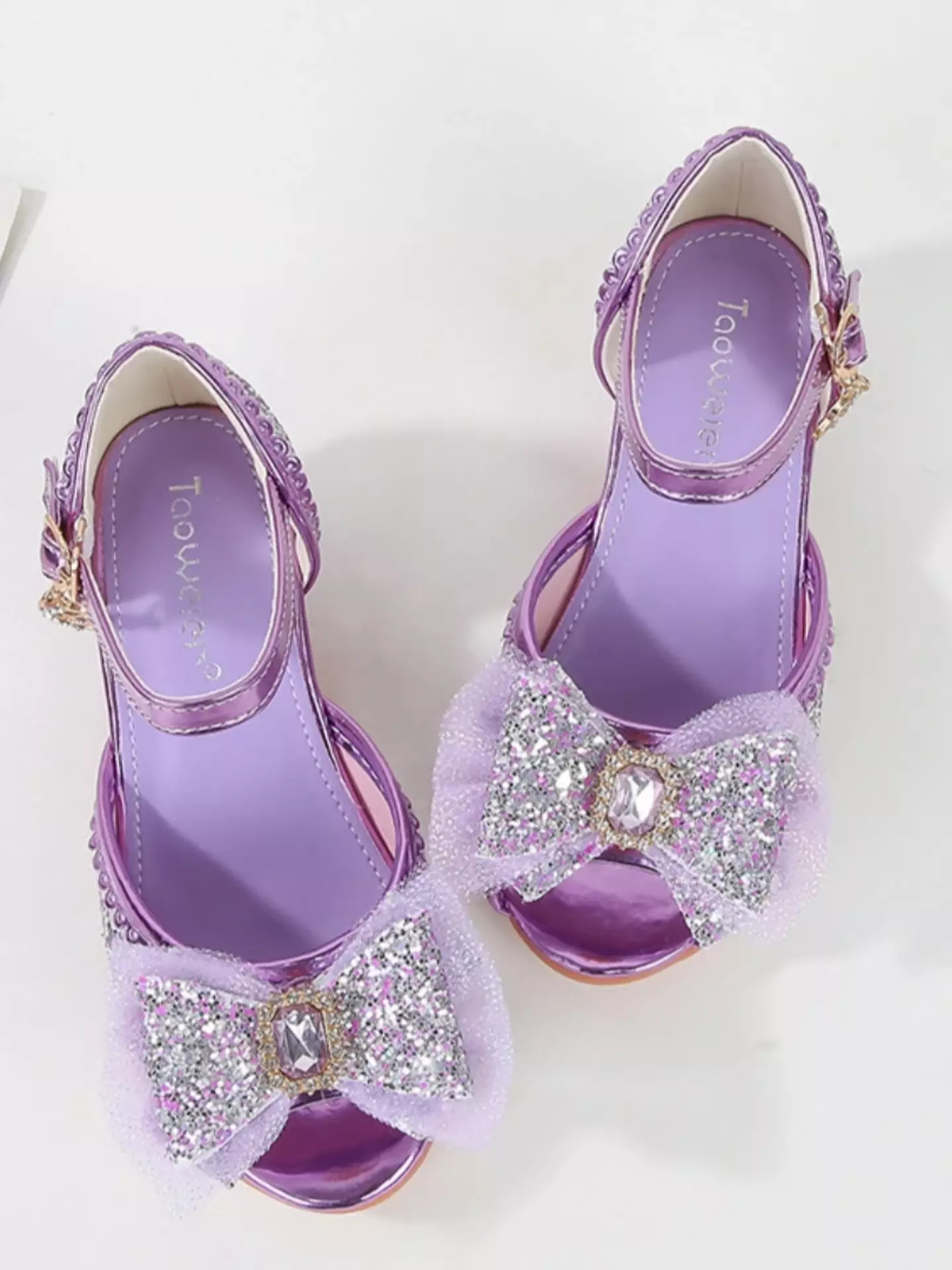 Young Girls & Girls Lavender Frosted Bow Peep Toe Block Heel Shoes | Lucys 11558