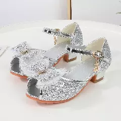 Young Girls & Girls Silver Frosted Bow Peep Toe Block Heel Shoes | Lucys 11559