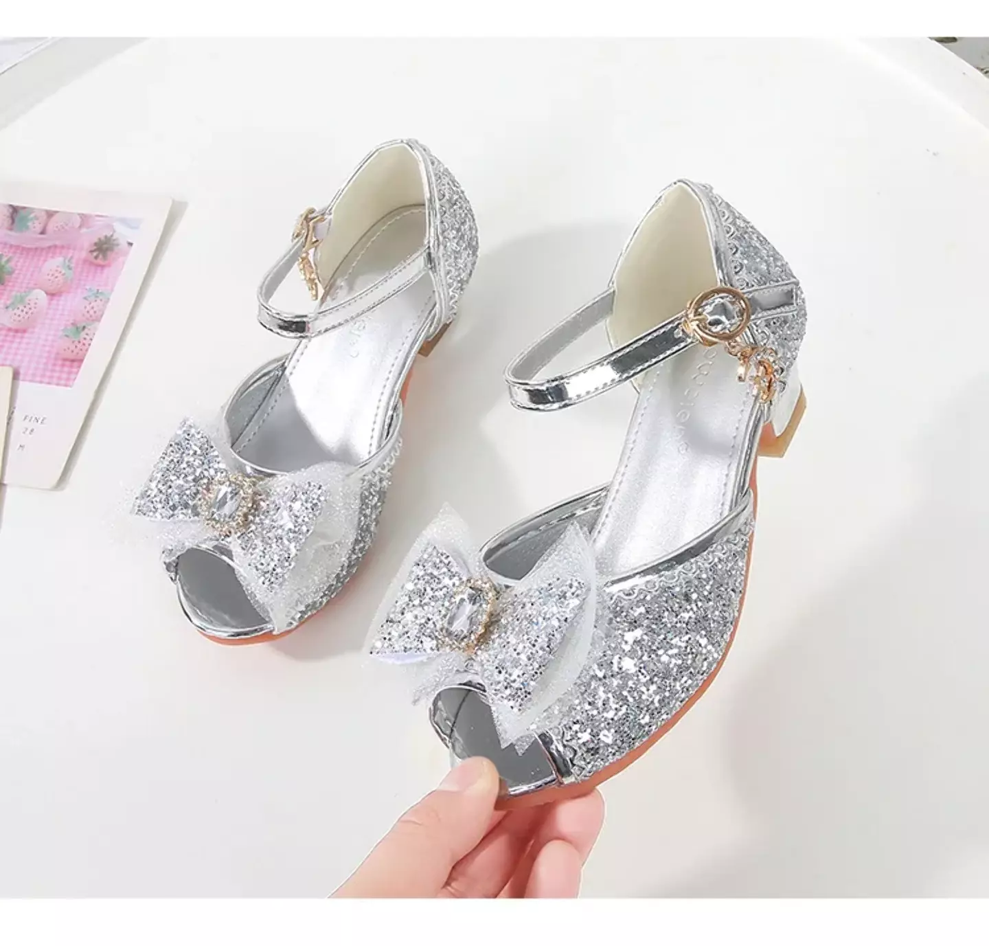 Young Girls & Girls Silver Frosted Bow Peep Toe Block Heel Shoes | Lucys 11559