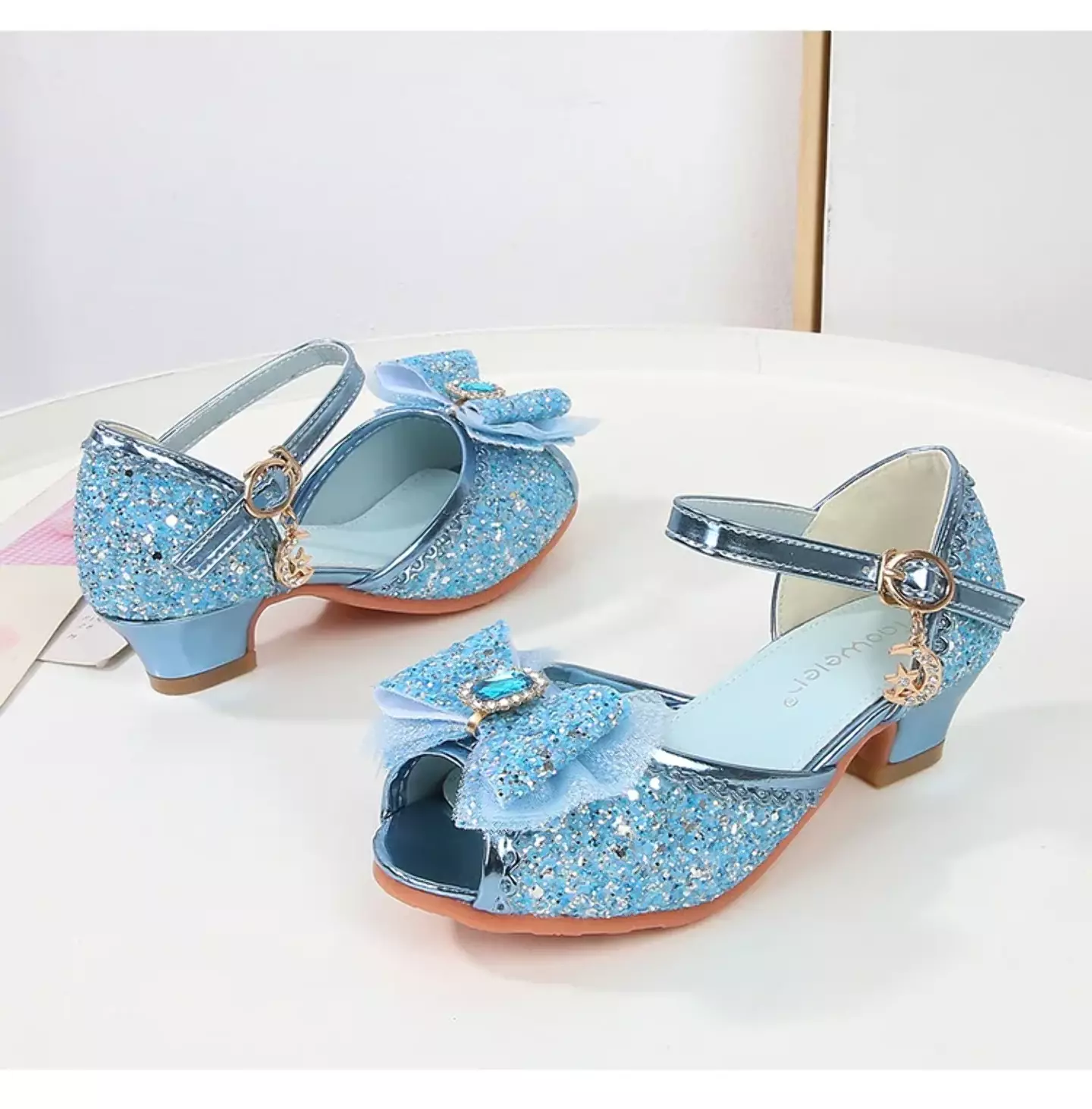 Young Girls & Girls Blue Frosted Bow Peep Toe Block Heel Shoes | Lucys 11560