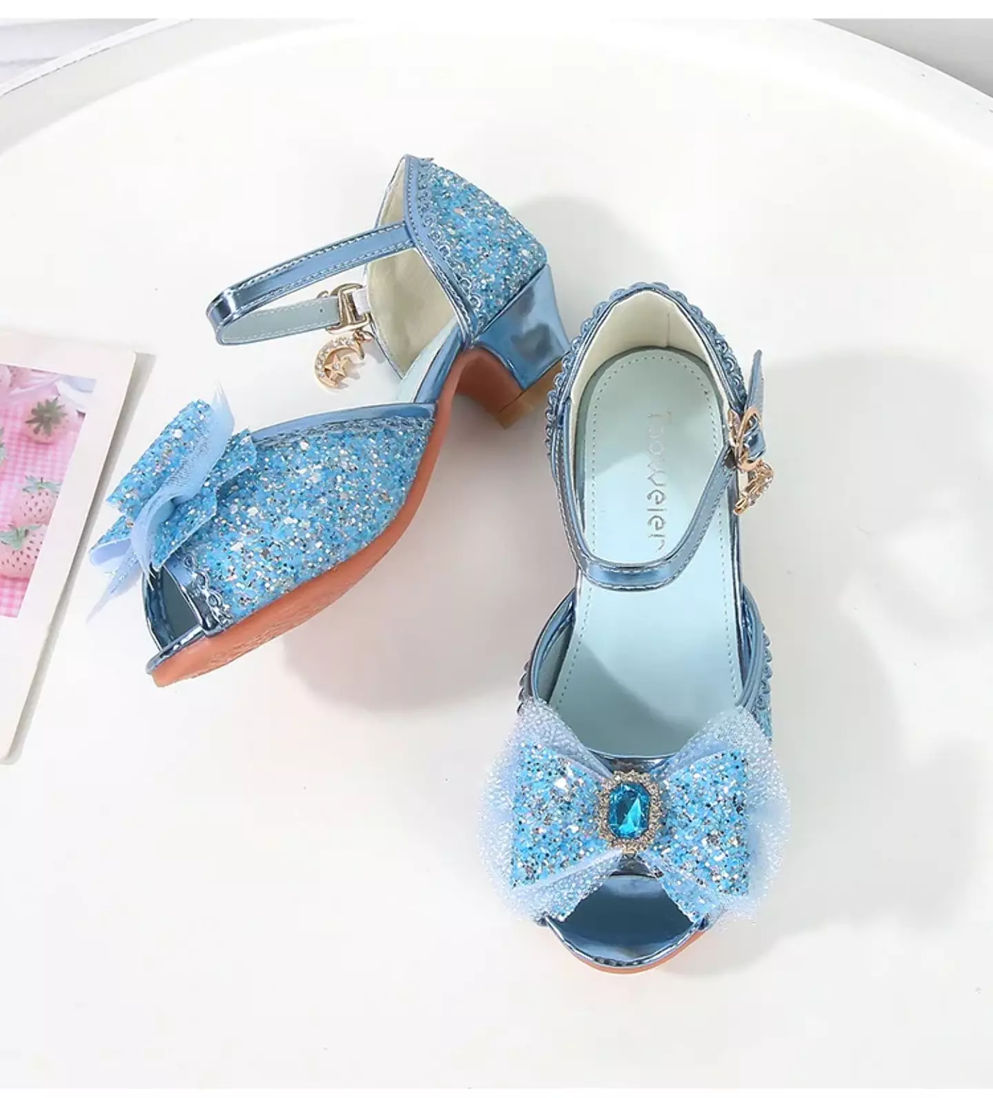 Young Girls & Girls Blue Frosted Bow Peep Toe Block Heel Shoes | Lucys 11560