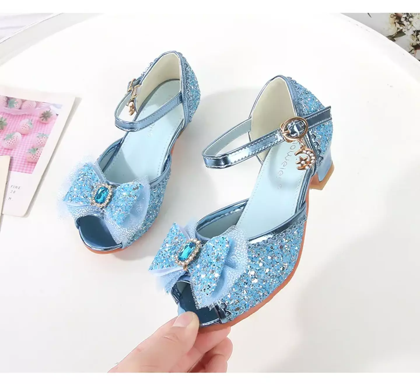 Young Girls & Girls Blue Frosted Bow Peep Toe Block Heel Shoes | Lucys 11560