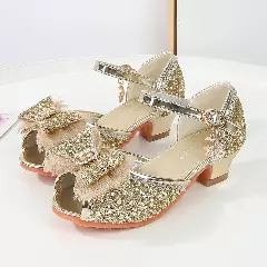 Young Girls & Girls Gold Frosted Bow Peep Toe Block Heel Shoes | Lucys 11556