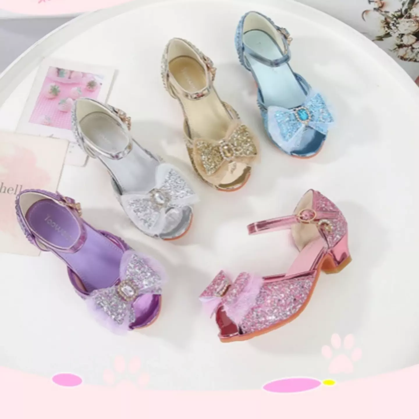 Young Girls & Girls Gold Frosted Bow Peep Toe Block Heel Shoes | Lucys 11556