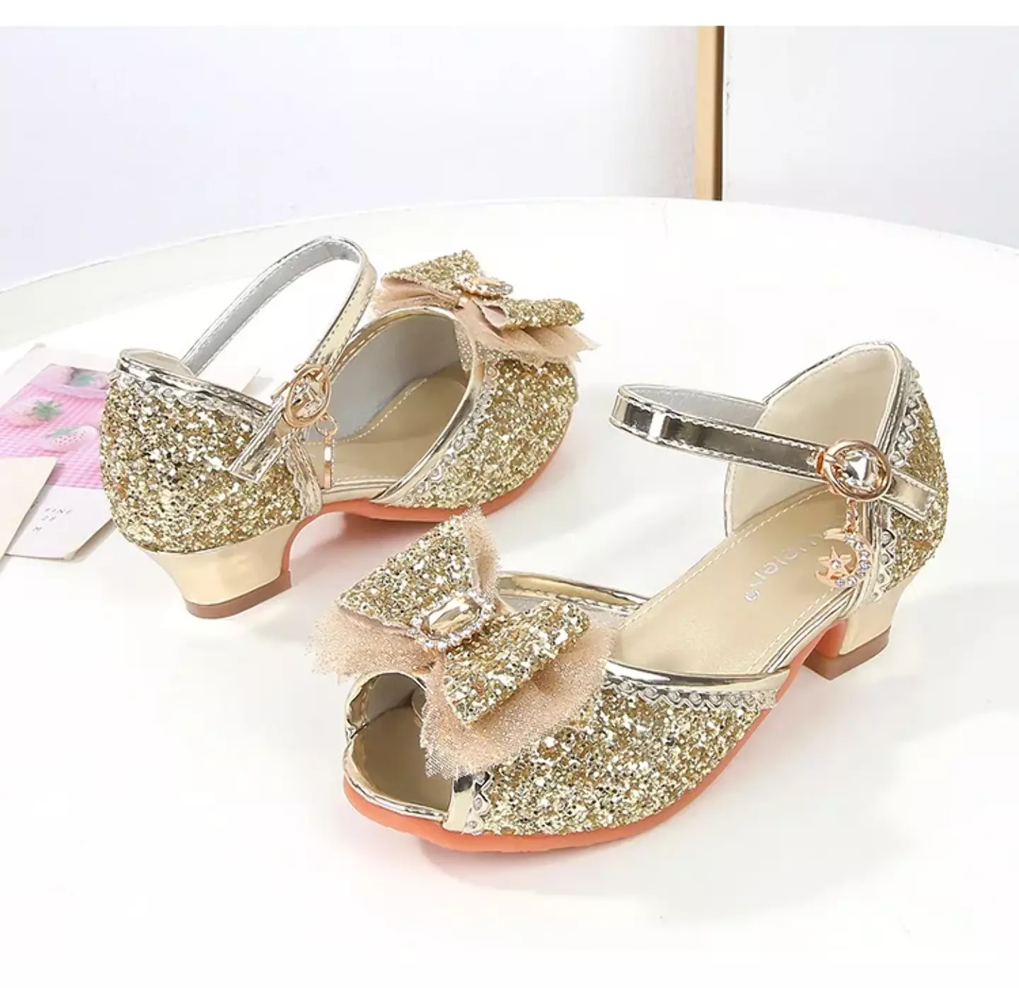 Young Girls & Girls Gold Frosted Bow Peep Toe Block Heel Shoes | Lucys 11556