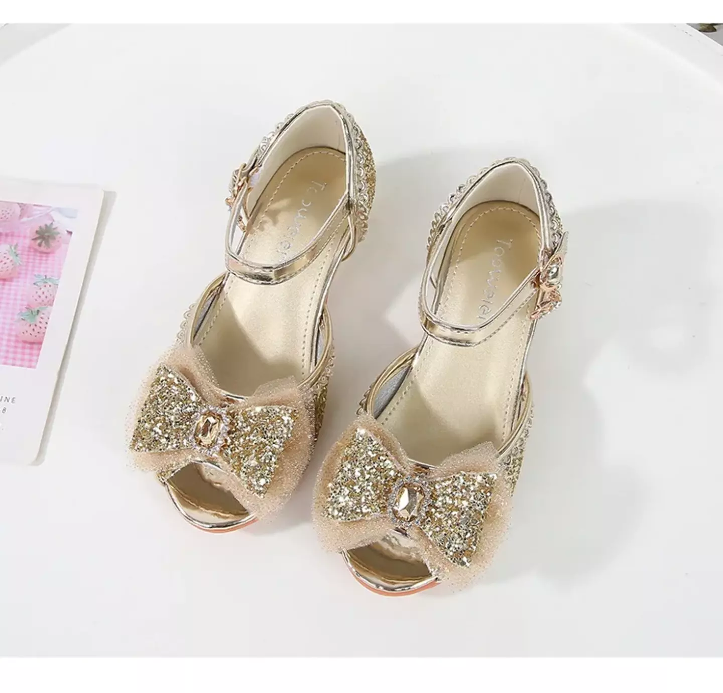 Young Girls & Girls Gold Frosted Bow Peep Toe Block Heel Shoes | Lucys 11556