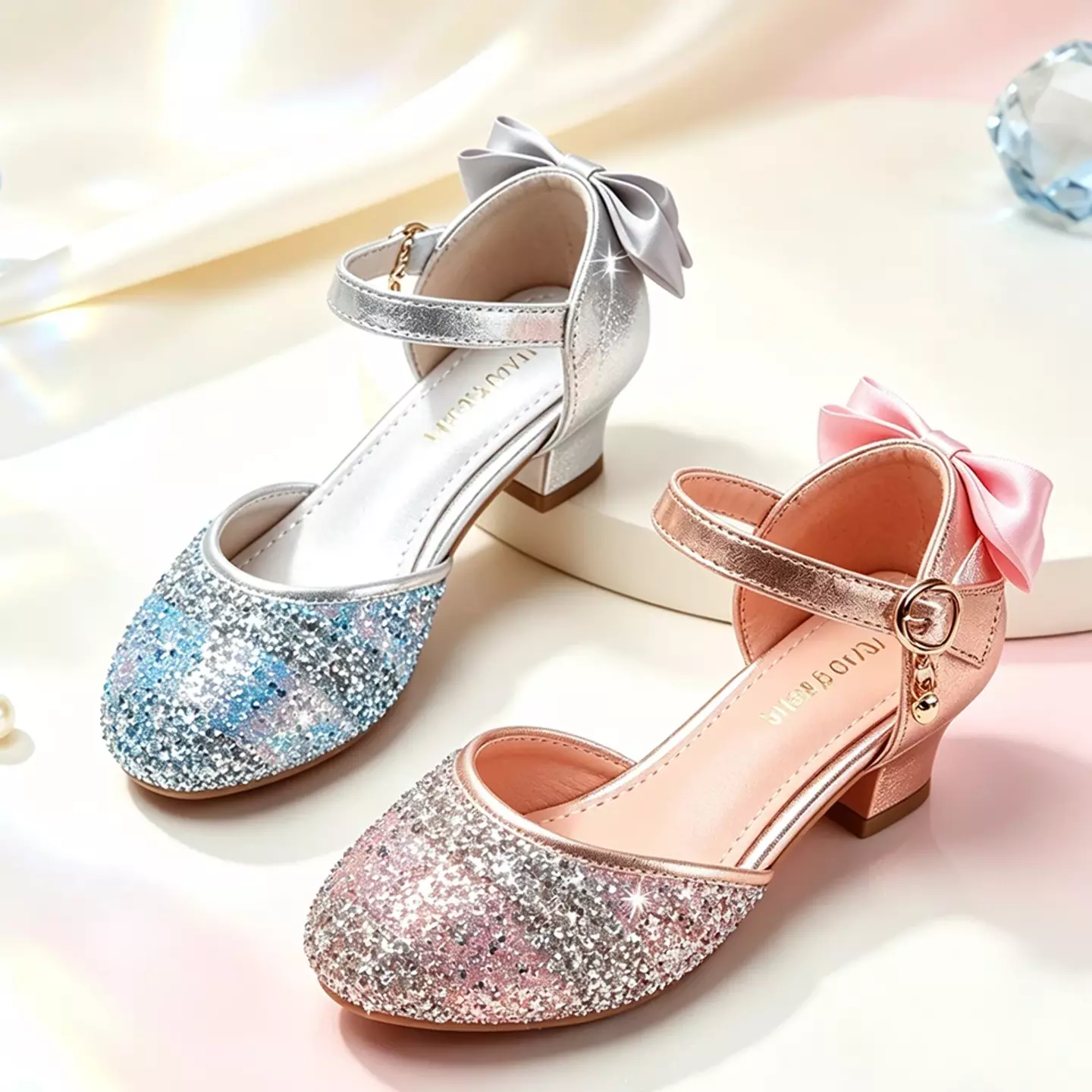 Young Girls & Girls Blue Sequin Toe Block Heels with Back Bows | Lucys 11564