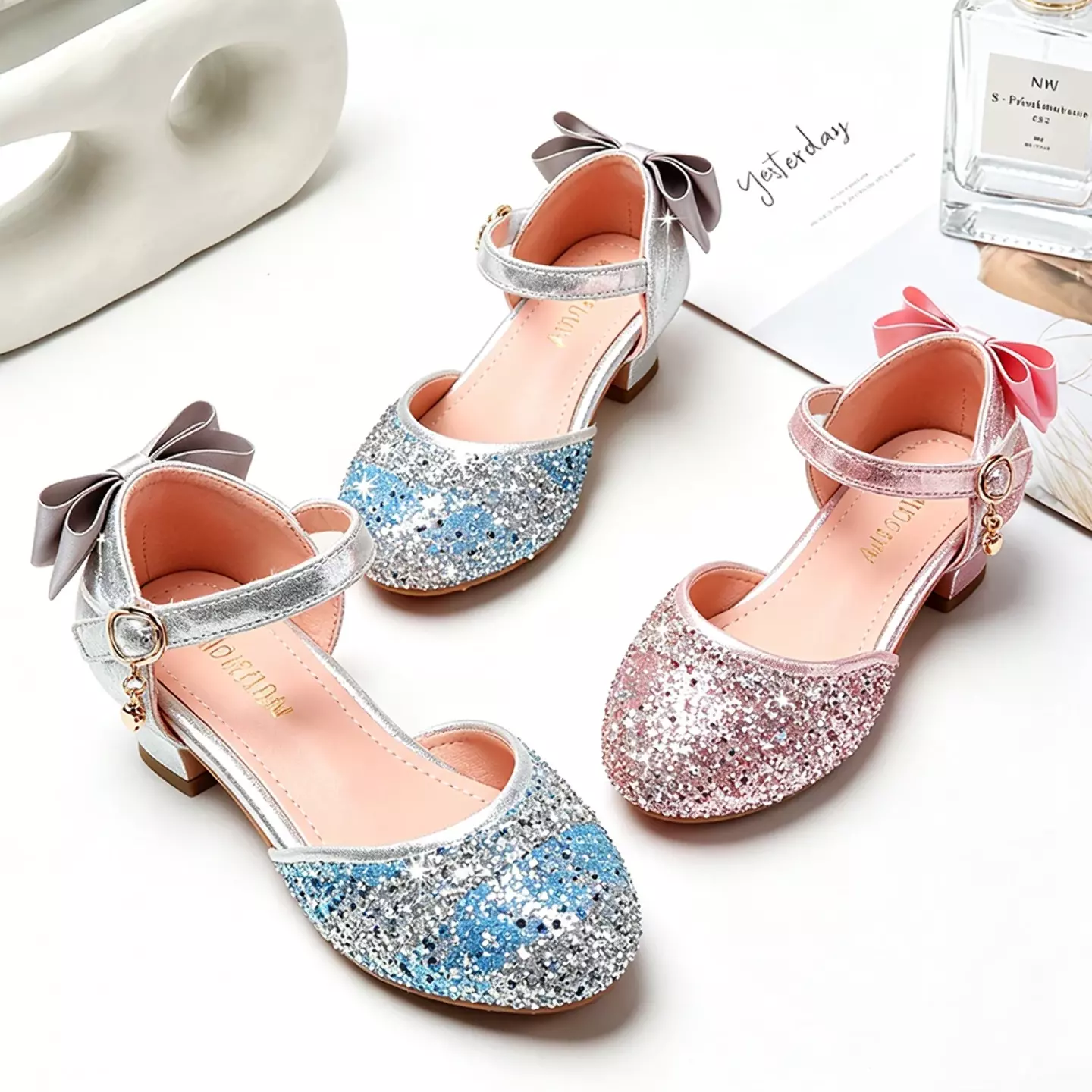 Young Girls & Girls Blue Sequin Toe Block Heels with Back Bows | Lucys 11564
