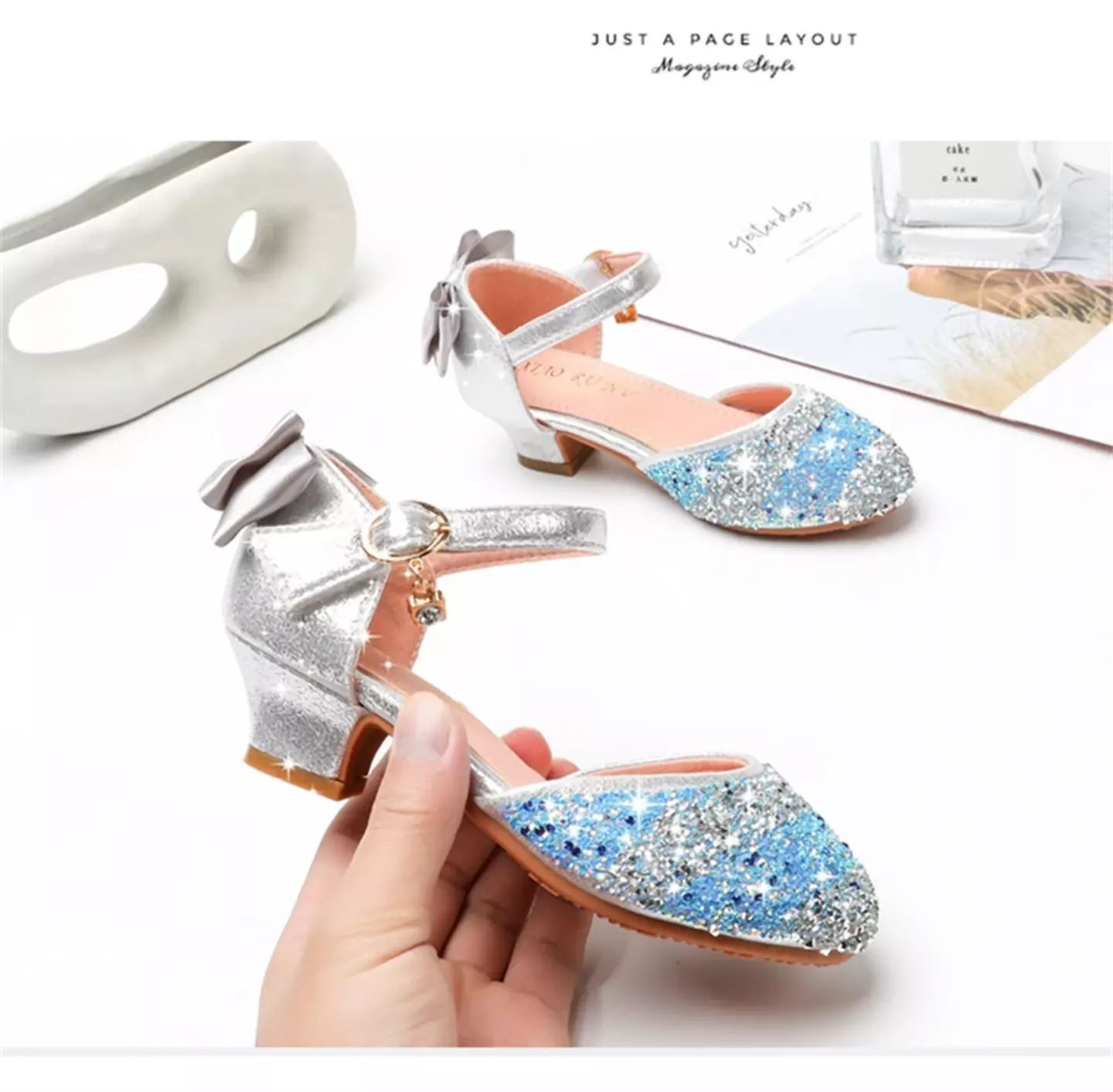 Young Girls & Girls Blue Sequin Toe Block Heels with Back Bows | Lucys 11564