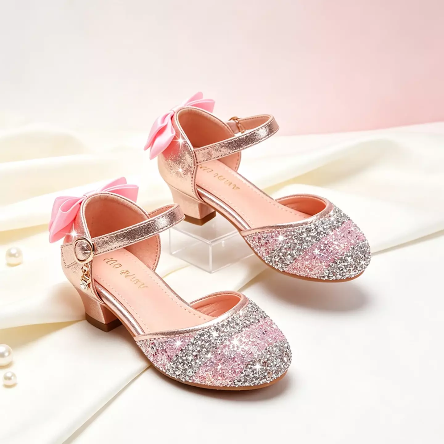 Young Girls & Girls Pink Sequin Toe Block Heels with Back Bows | Lucys 11561
