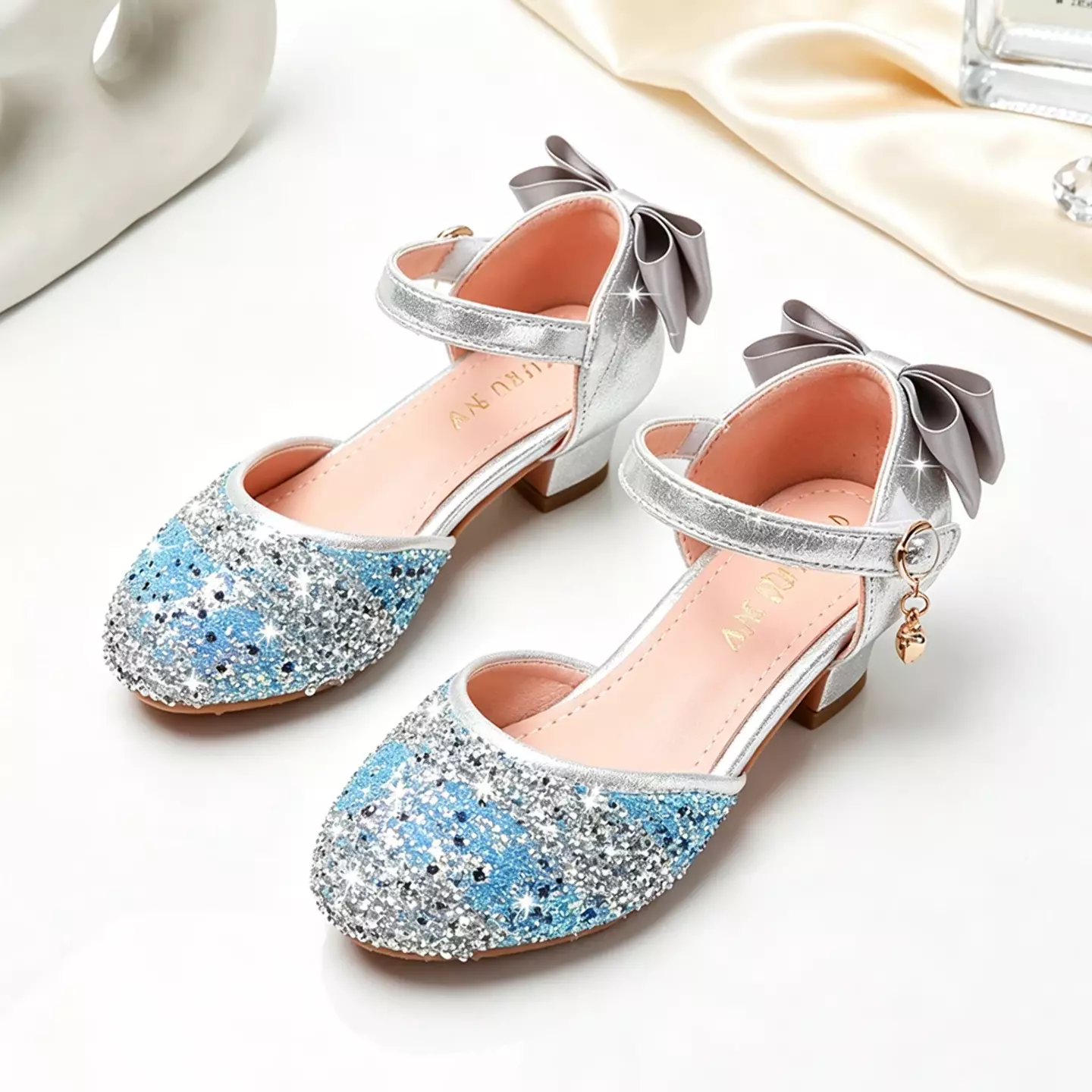 Young Girls & Girls Blue Sequin Toe Block Heels with Back Bows | Lucys 11564
