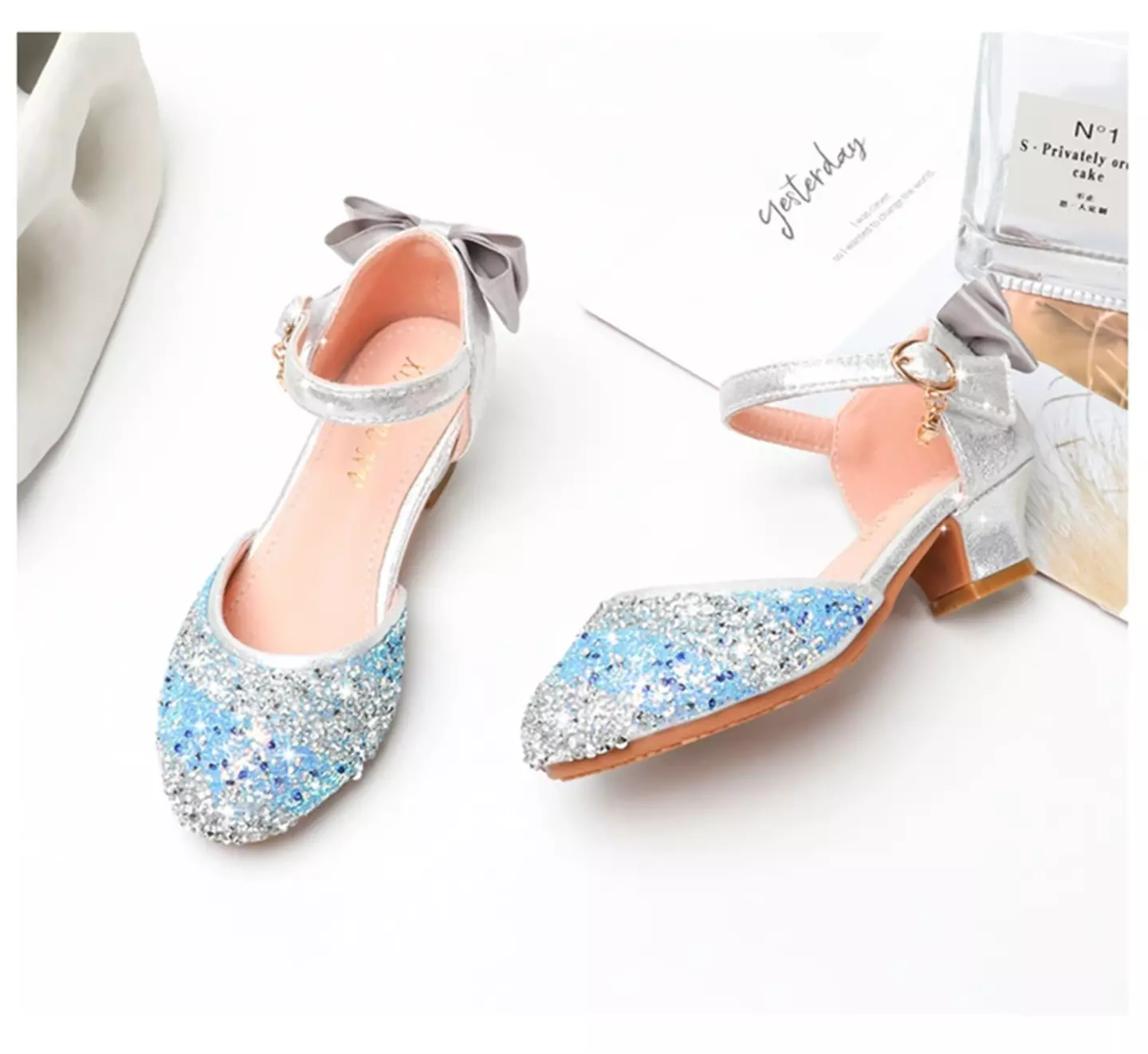 Young Girls & Girls Blue Sequin Toe Block Heels with Back Bows | Lucys 11564