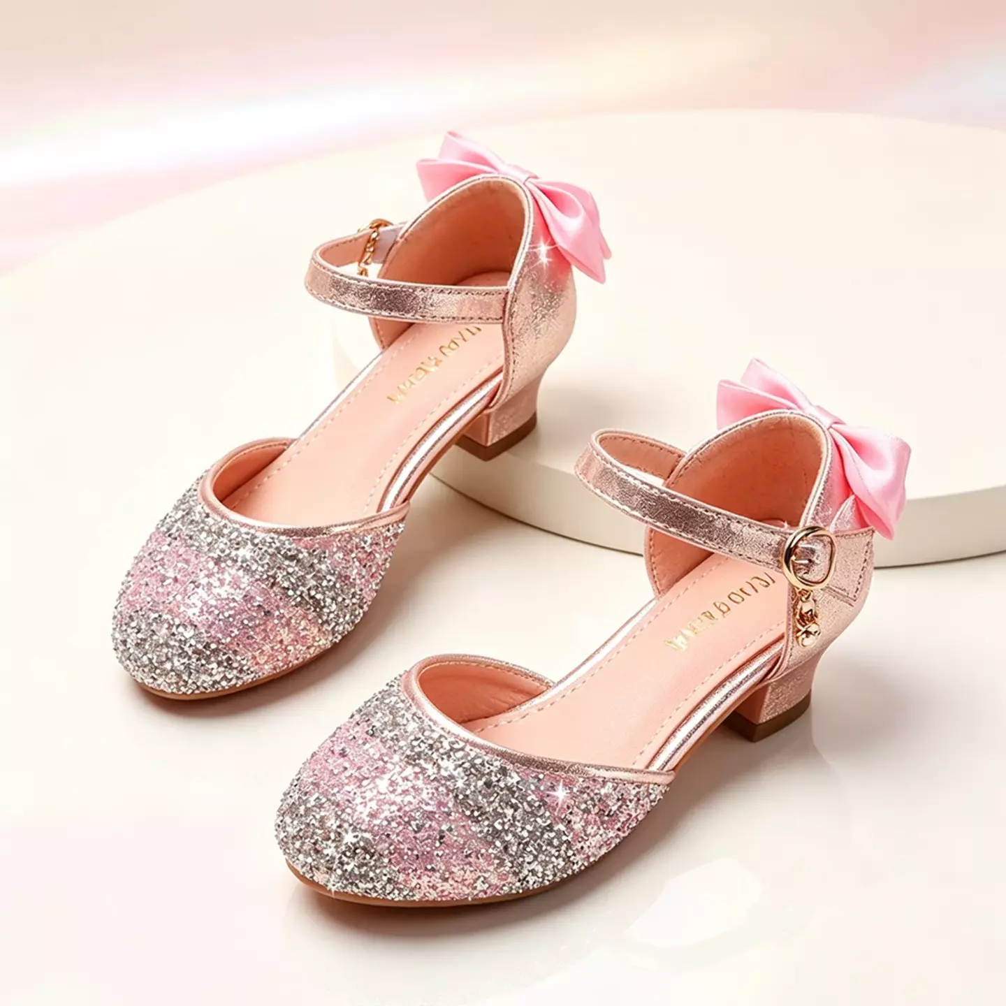 Young Girls & Girls Pink Sequin Toe Block Heels with Back Bows | Lucys 11561