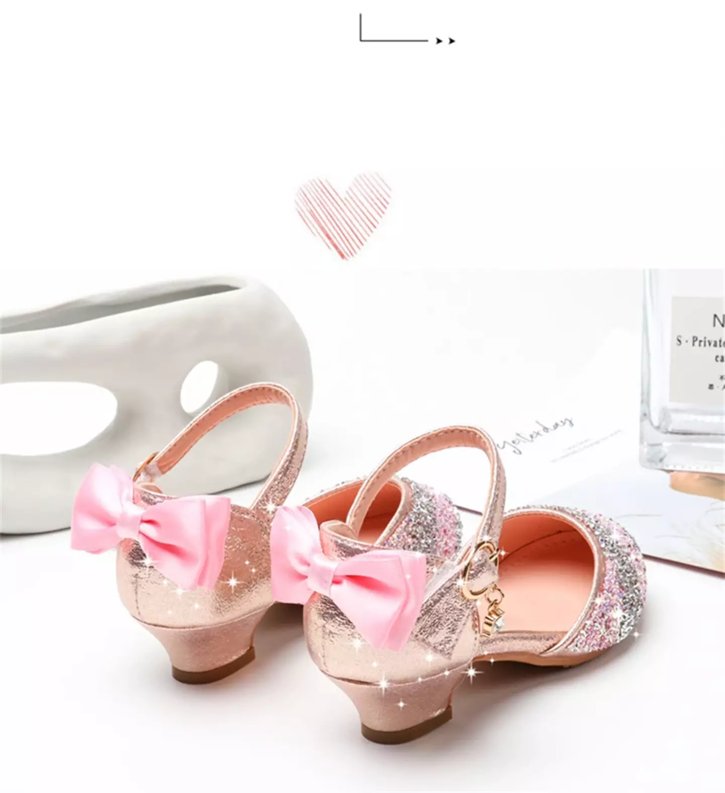 Young Girls & Girls Pink Sequin Toe Block Heels with Back Bows | Lucys 11561