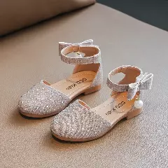 Toddler, Young Girls & Girls Beige Glitter Pearl Bow Dress Shoes | Lucys 11584