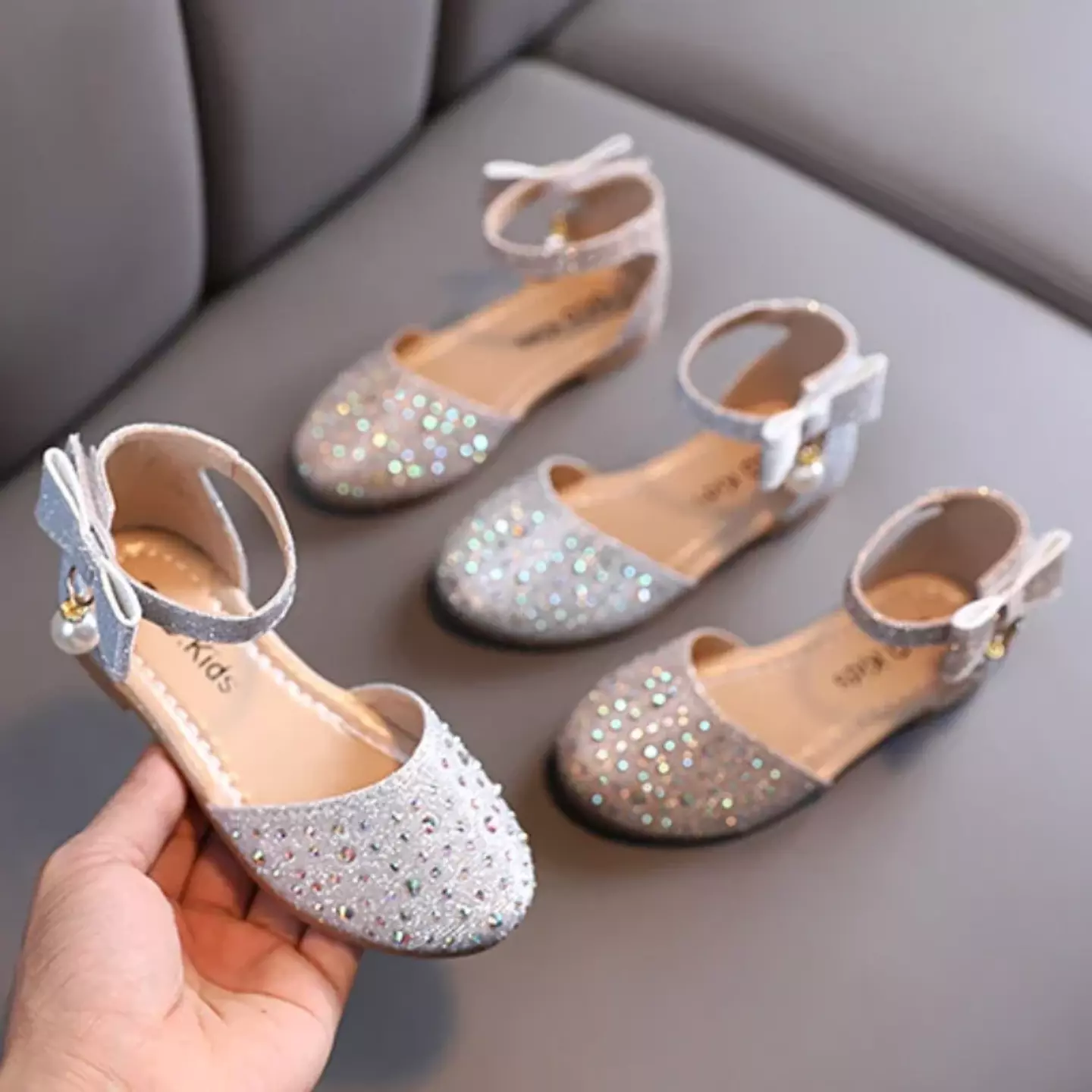 Toddler, Young Girls & Girls Grey Glitter Pearl Bow Dress Shoes | Lucys 11589