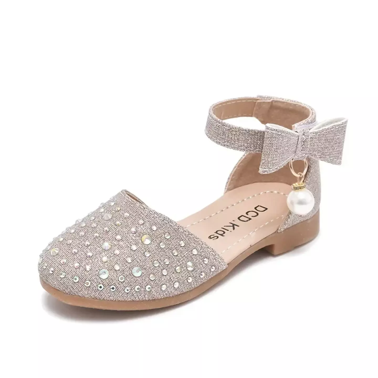 Toddler, Young Girls & Girls Beige Glitter Pearl Bow Dress Shoes | Lucys 11584