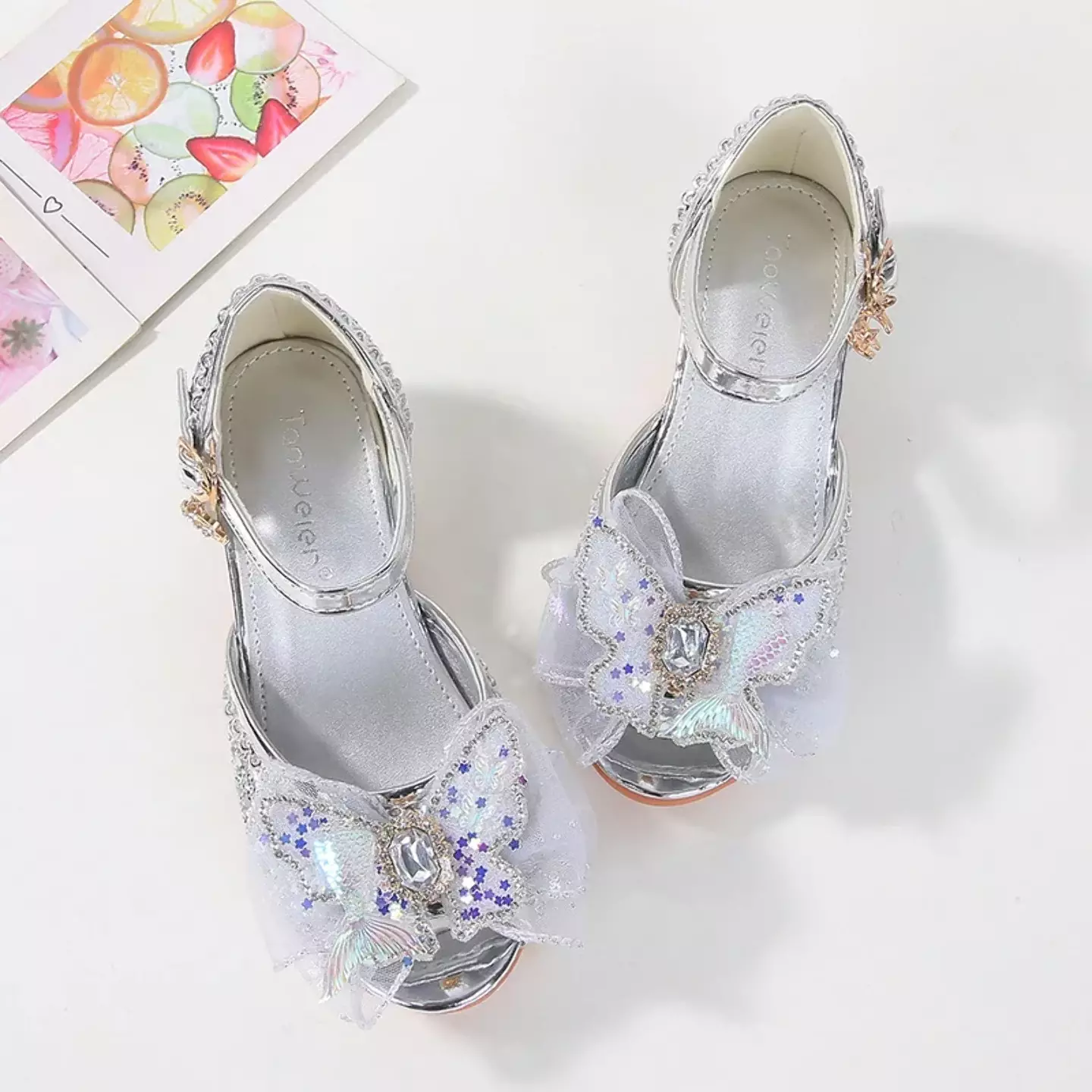 Young Girls & Girls Silver Butterfly Flounce Glint Stone Party Shoes | Lucys 11588