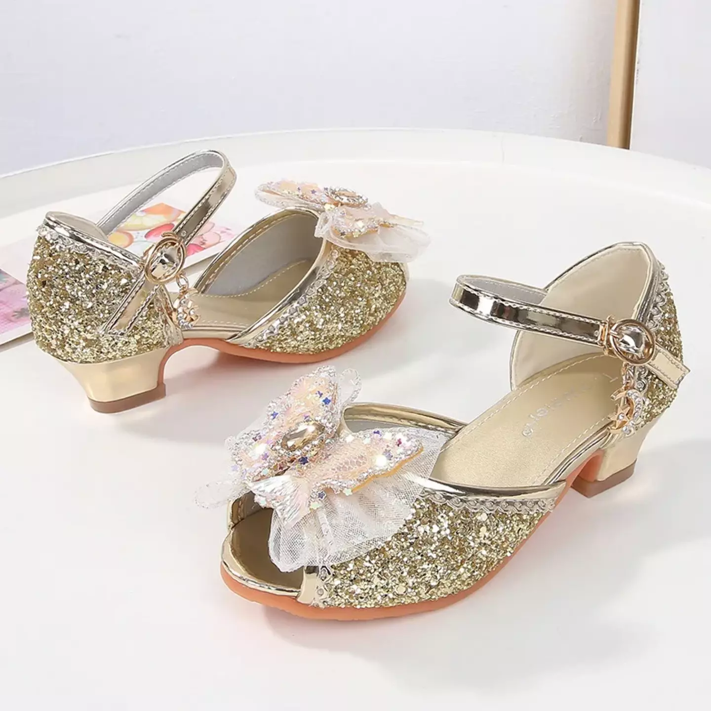 Young Girls & Girls Gold Butterfly Flounce Glint Stone Party Shoes | Lucys 11586