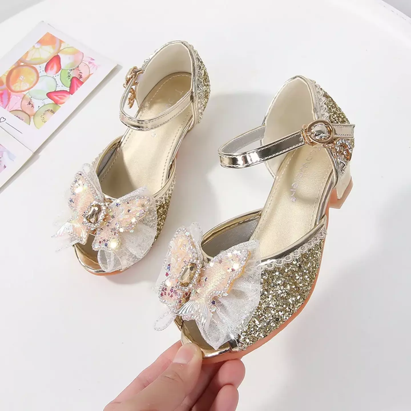 Young Girls & Girls Gold Butterfly Flounce Glint Stone Party Shoes | Lucys 11586