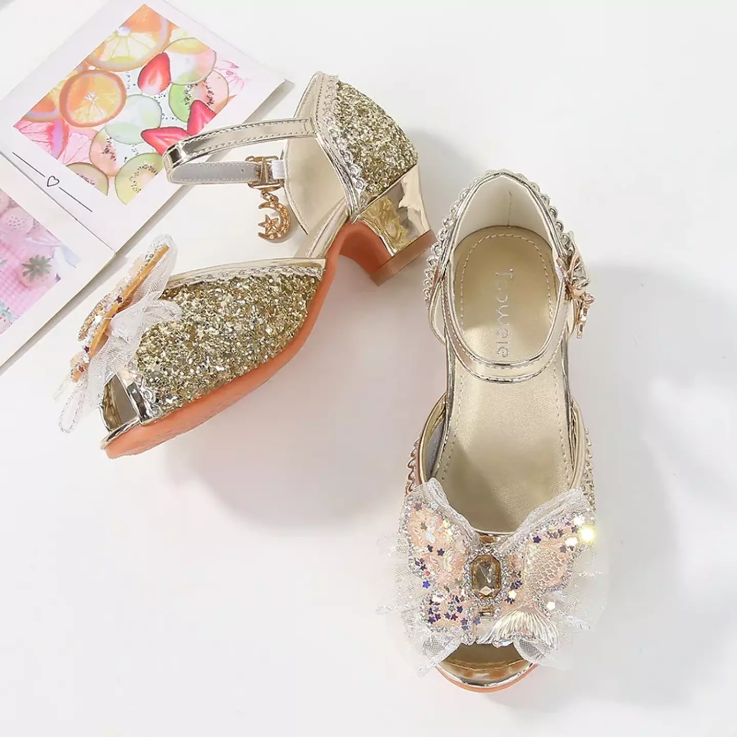 Young Girls & Girls Gold Butterfly Flounce Glint Stone Party Shoes | Lucys 11586