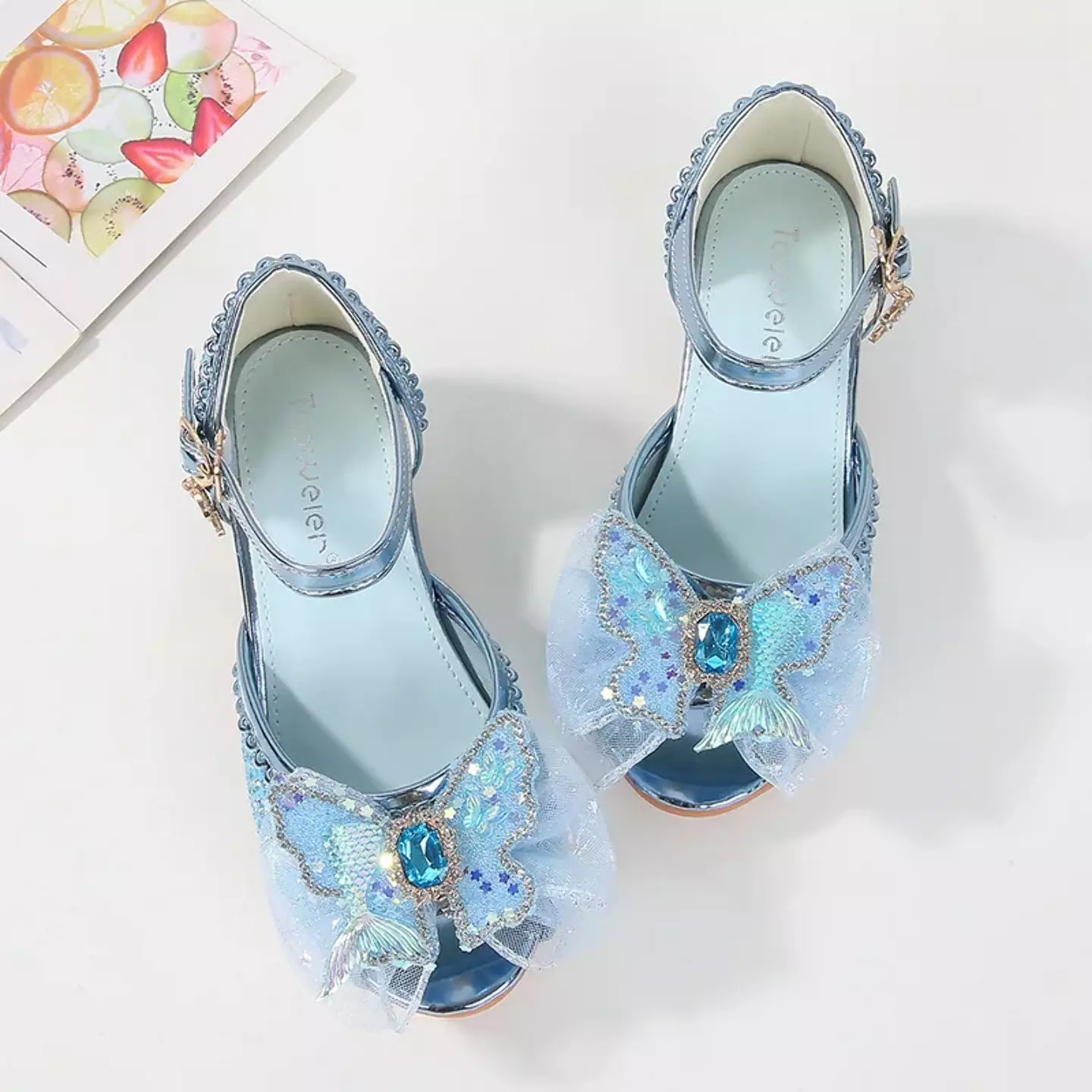 Young Girls & Girls Blue Butterfly Flounce Glint Stone Party Shoes | Lucys 11585