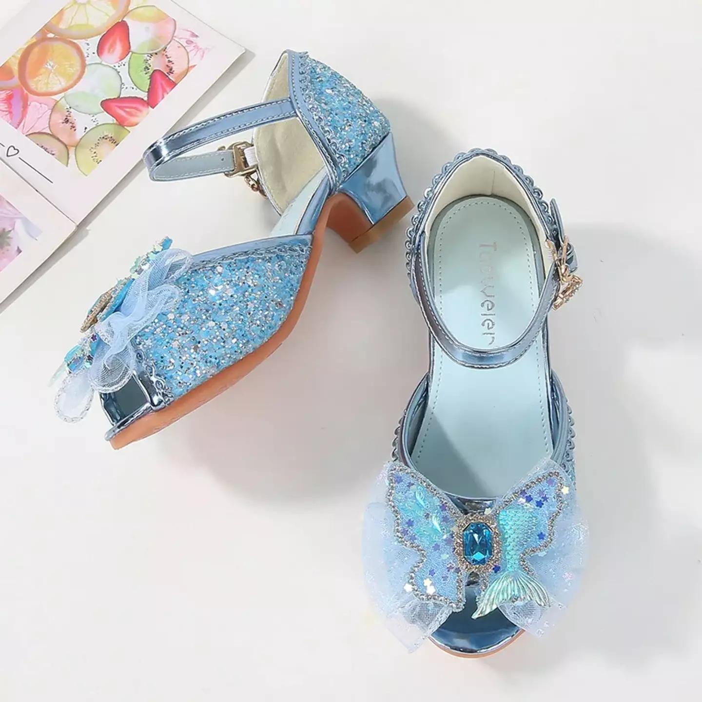 Young Girls & Girls Blue Butterfly Flounce Glint Stone Party Shoes | Lucys 11585