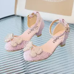 Young Girls & Girls Pink Butterfly Bow Block Heel Dress Shoes | Lucys 11610