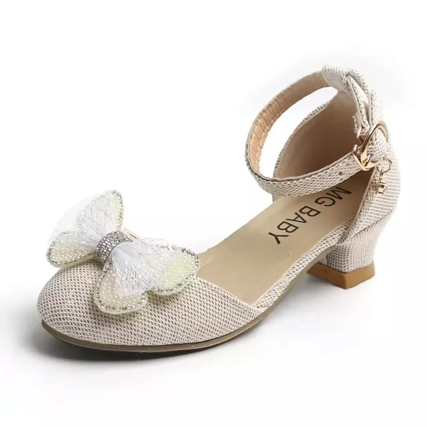 Young Girls & Girls Beige Butterfly Bow Block Heel Dress Shoes | Lucys 11609