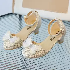 Young Girls & Girls Beige Butterfly Bow Block Heel Dress Shoes | Lucys 11609