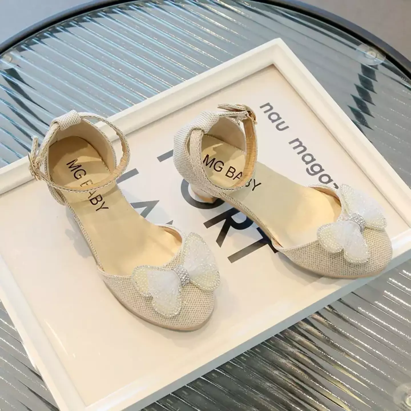 Young Girls & Girls Beige Butterfly Bow Block Heel Dress Shoes | Lucys 11609