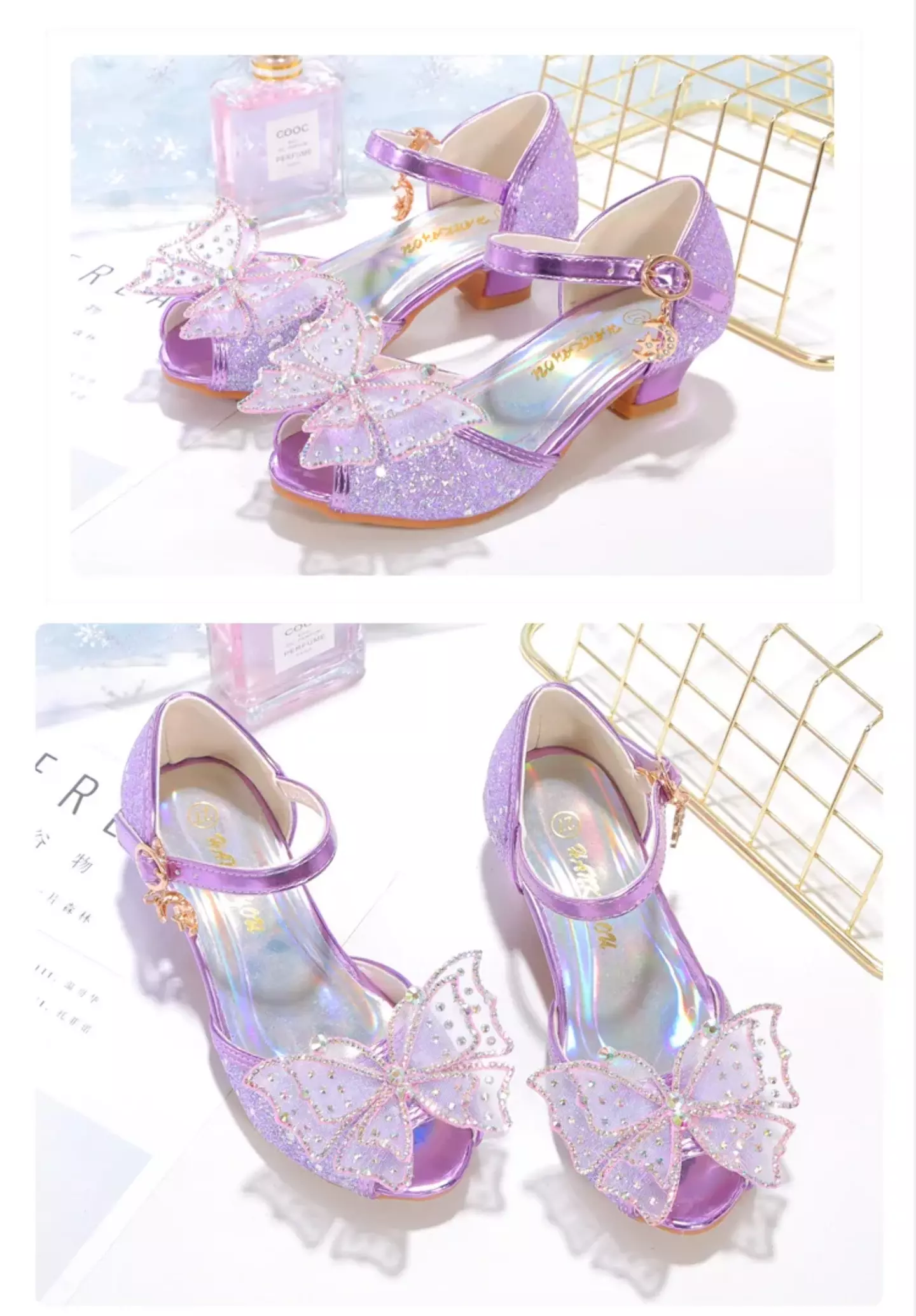 Young Girls & Girls Lavender Prism Vamp Sheer Bow Buckle Strap Shoes | Lucys 11611