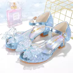 Young Girls & Girls Blue Prism Vamp Sheer Bow Buckle Strap Shoes | Lucys 11614
