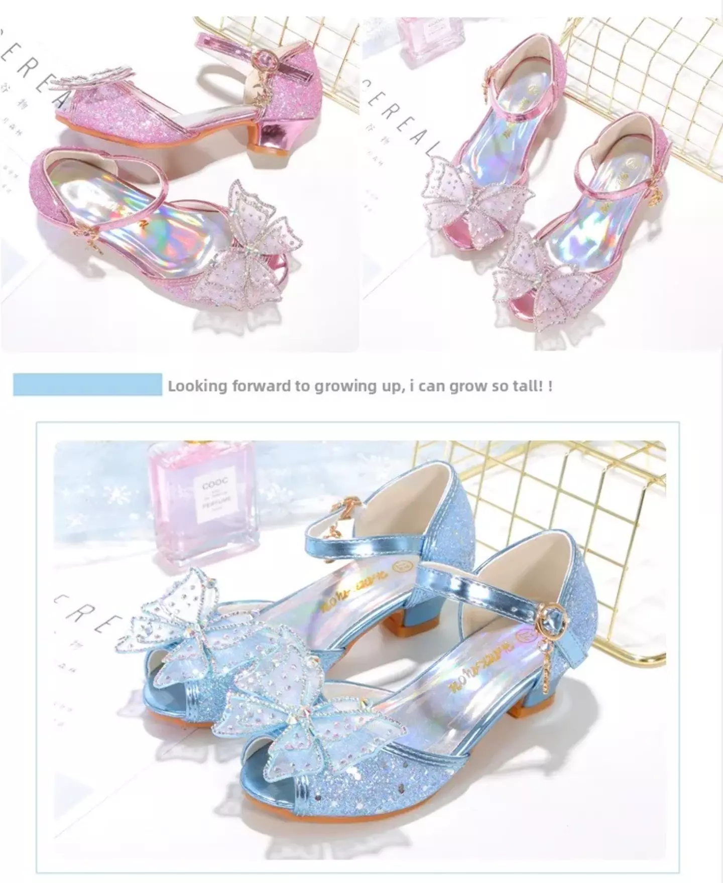 Young Girls & Girls Blue Prism Vamp Sheer Bow Buckle Strap Shoes | Lucys 11614