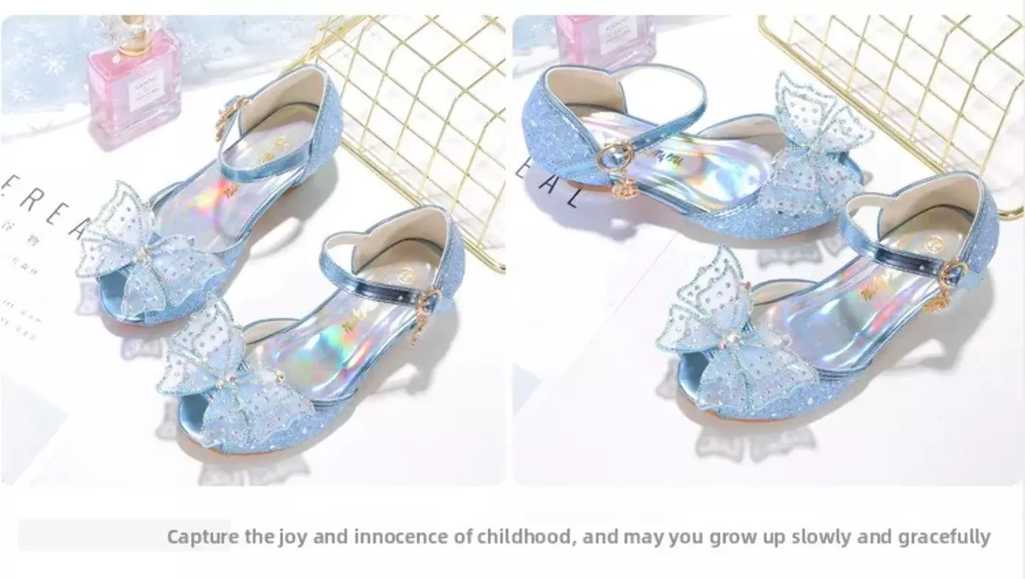 Young Girls & Girls Blue Prism Vamp Sheer Bow Buckle Strap Shoes | Lucys 11614