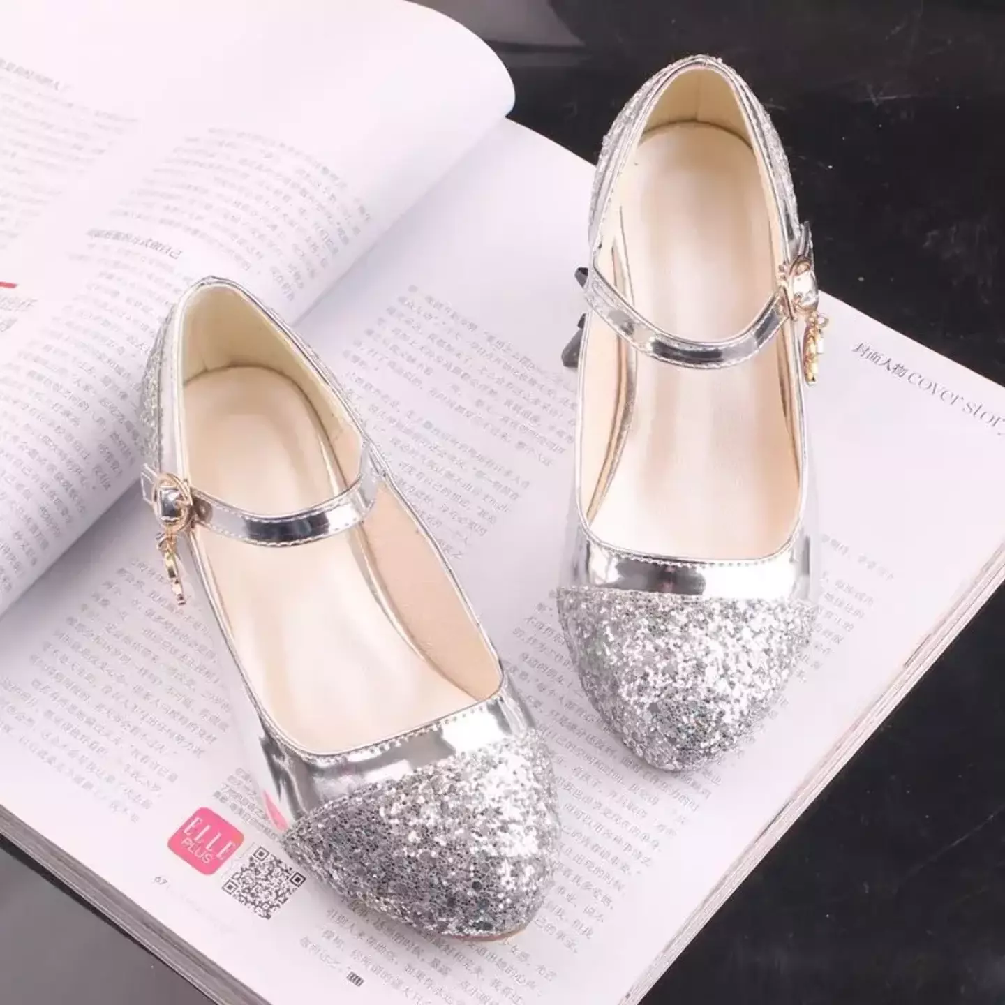 Young Girls & Girls Silver Glitter Toe Buckle Strap Heels | Lucys 11641