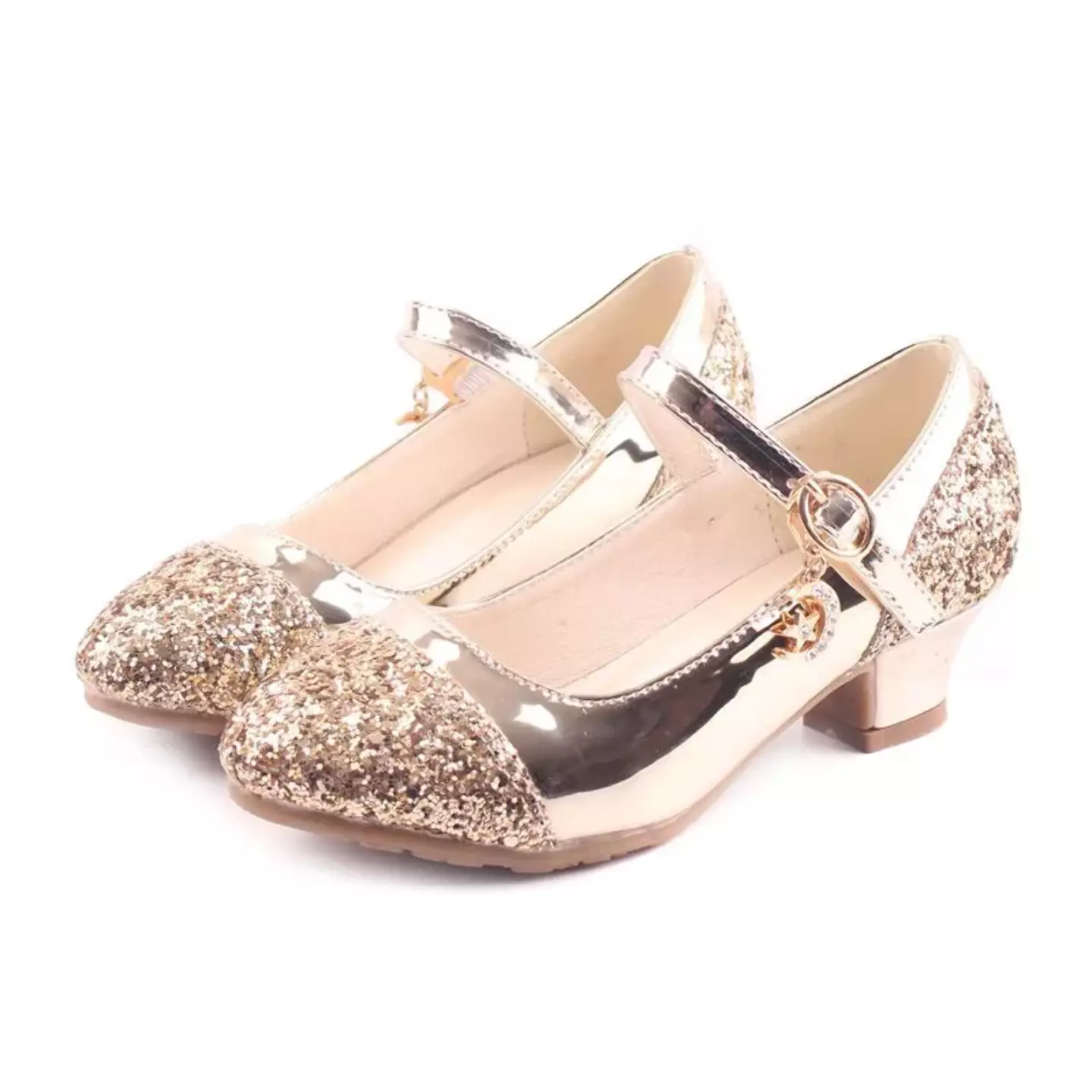 Young Girls & Girls Gold Glitter Toe Buckle Strap Heels | Lucys 11640