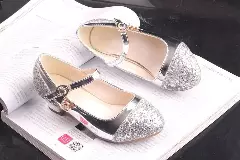 Young Girls & Girls Silver Glitter Toe Buckle Strap Heels | Lucys 11641