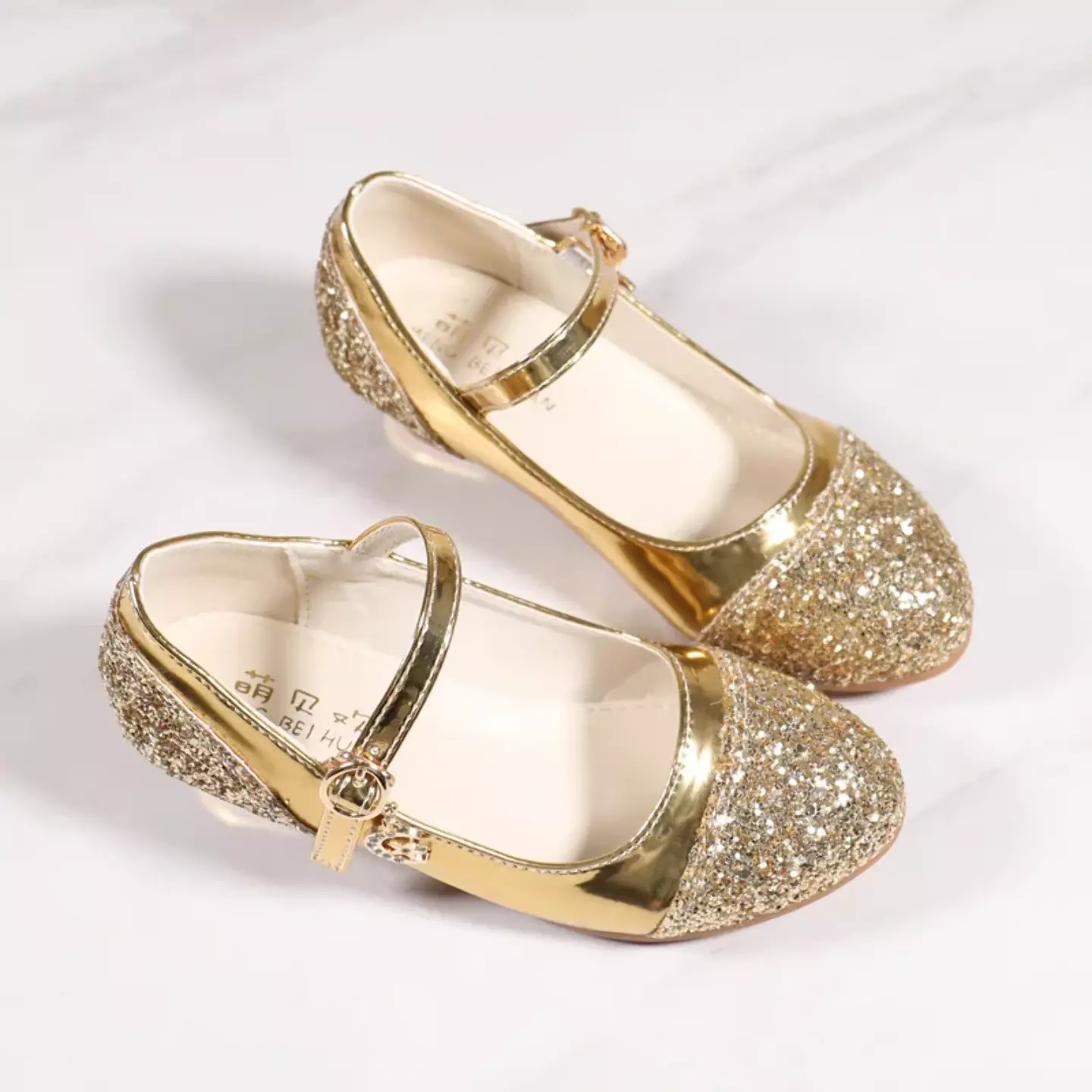 Young Girls & Girls Gold Glitter Toe Buckle Strap Heels | Lucys 11640