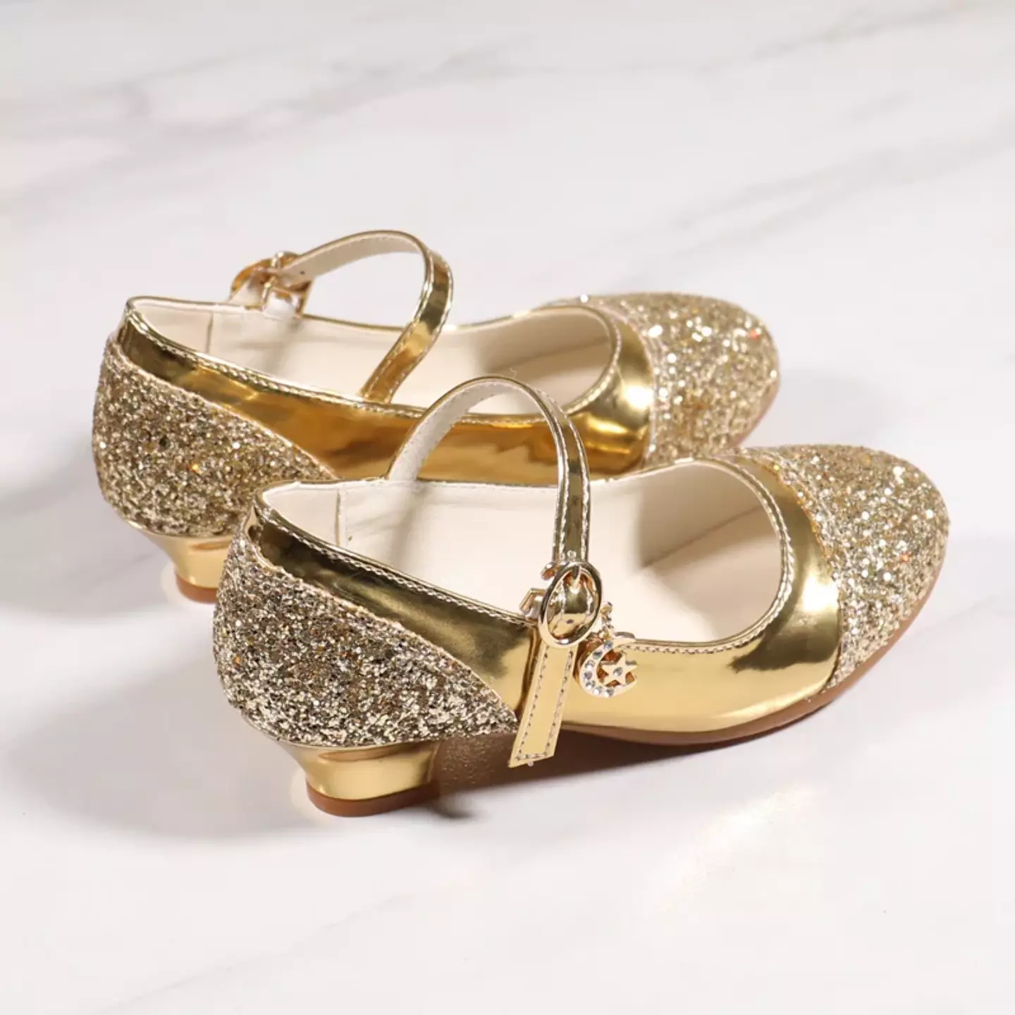 Young Girls & Girls Gold Glitter Toe Buckle Strap Heels | Lucys 11640