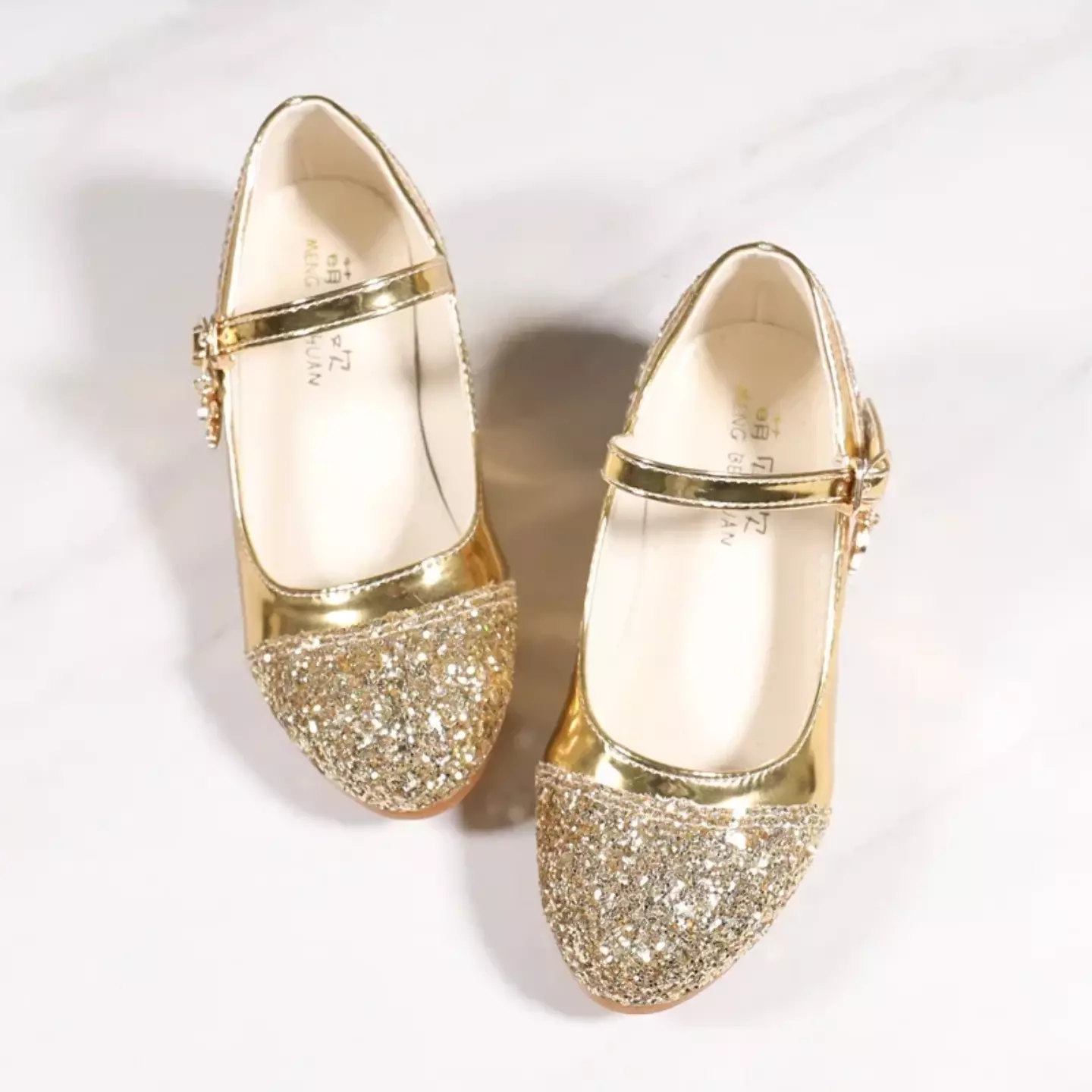 Young Girls & Girls Gold Glitter Toe Buckle Strap Heels | Lucys 11640