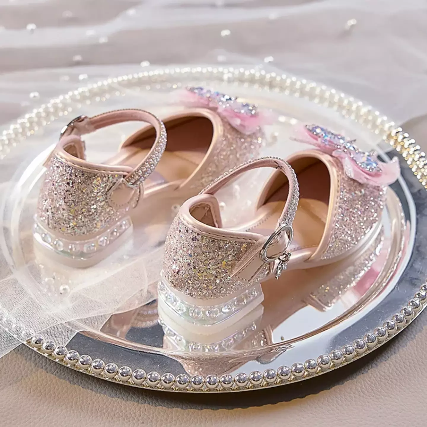 Young Girls & Girls Pink Gossamer Plume Bow Dress Shoes | Lucys 11663