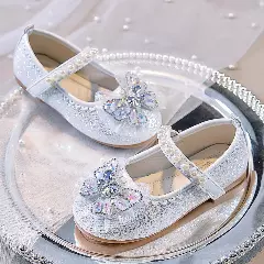 Young Girls & Girls Ivory Spectrum Sheen Pearl Trim Dress Shoes | Lucys 11687