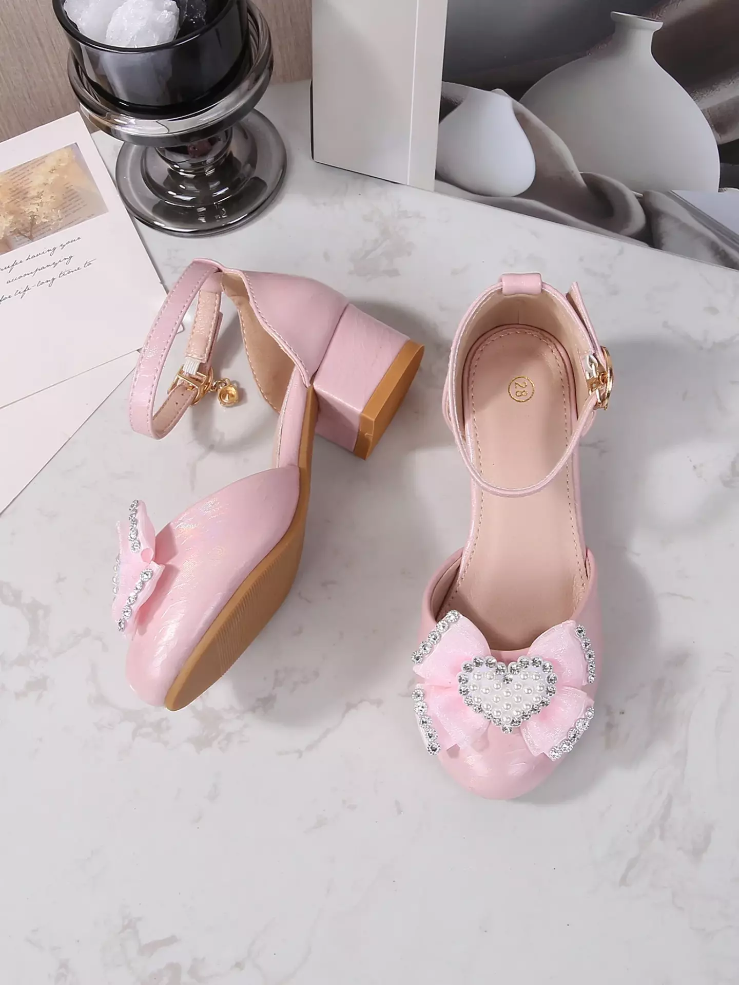 Young Girls & Girls Pink Glaze Ripple Pearl Heart Dress Shoes | Lucys 11699