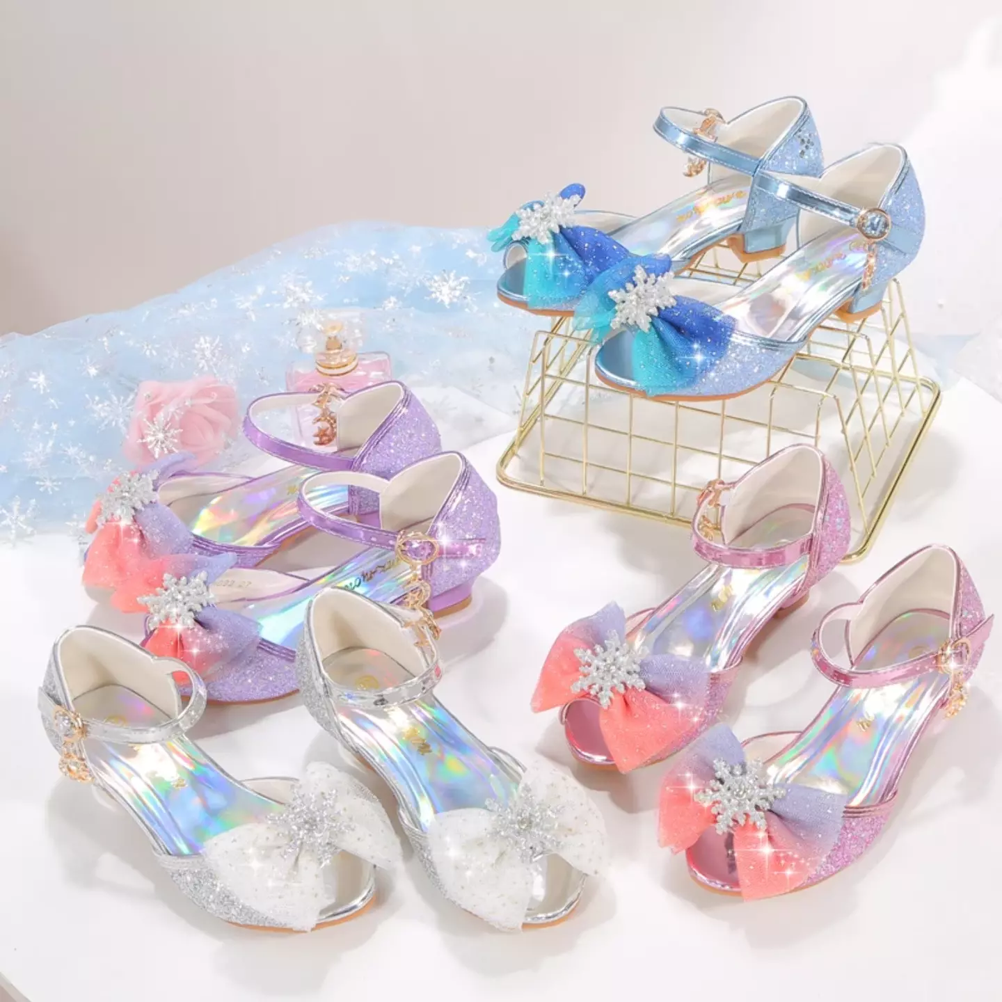 Young Girls & Girls Blue Snowflake Charm Ankle Strap Party Shoes | Lucys 11714