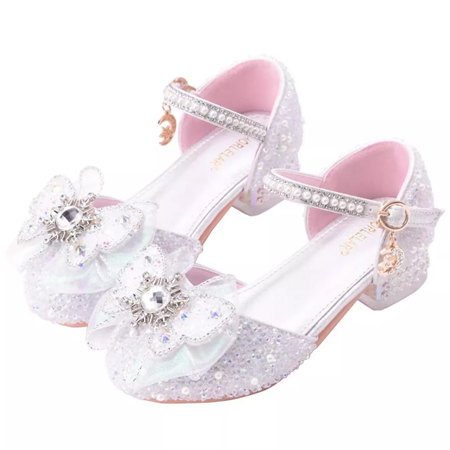 Young Girls & Girls White Sunburst Claw Bow Clear Block Heel Shoes | Lucys 11755